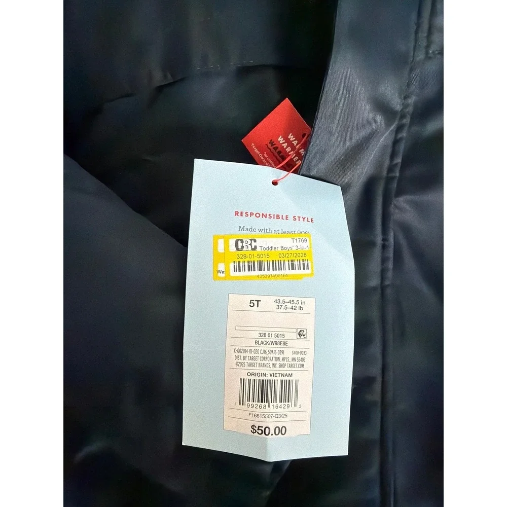 Cat & Jack Boys All-Weather 3-in-1 Jacket Black Hooded Coat 5T winter girls boys